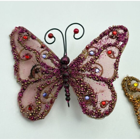 Vintage Beaded Butterfly Christmas Tree Ornaments Clip On Set Of 2 Purple Orange - Picture 5 of 7